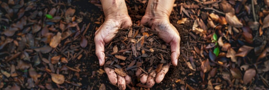 Hands gently holding a pile of wood chips, symbolizing sustainable lawn care and eco-friendly fertilizers.