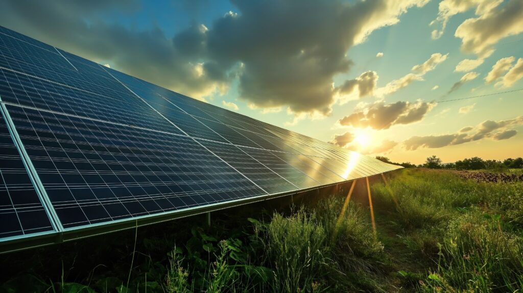 Solar panels in a field at sunset, promoting sustainable energy solutions for eco-friendly lawn care and fertilizers