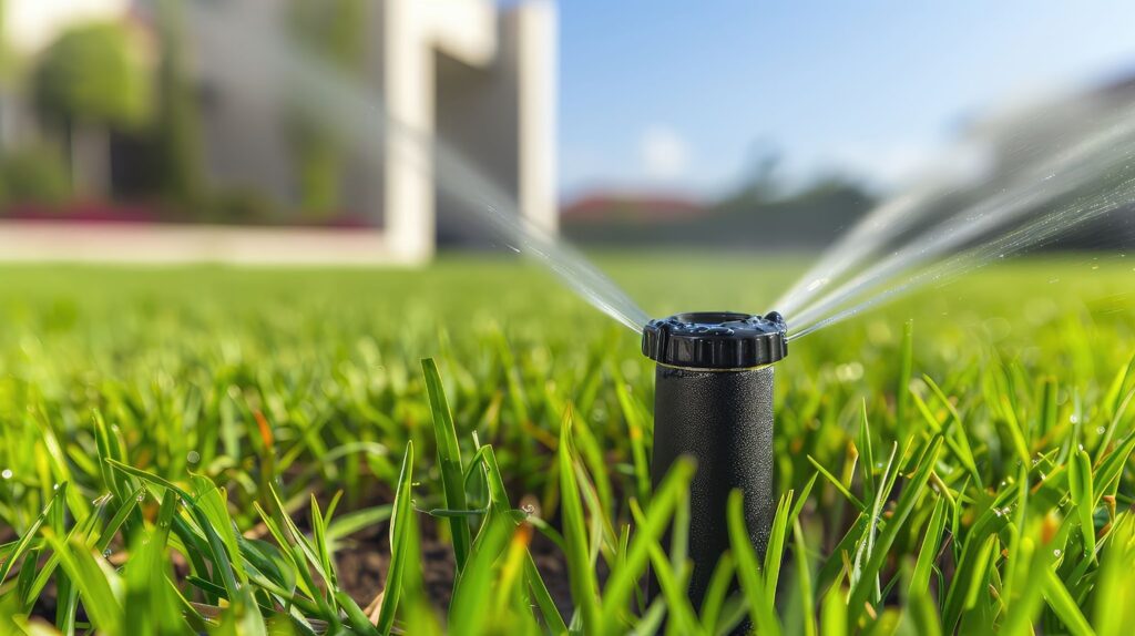 A sprinkler efficiently waters a newly installed sod lawn in Utah, showcasing the lush greenery of the fresh grass.