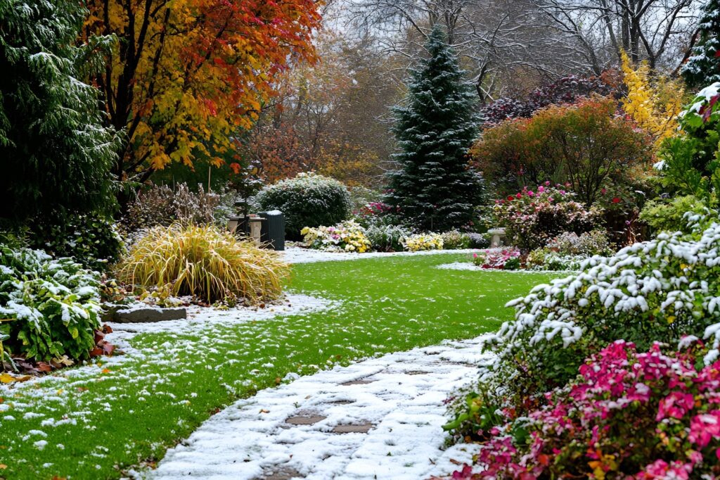 A snow-covered garden path, illustrating the beauty of winter sod maintenance amidst a peaceful landscape.