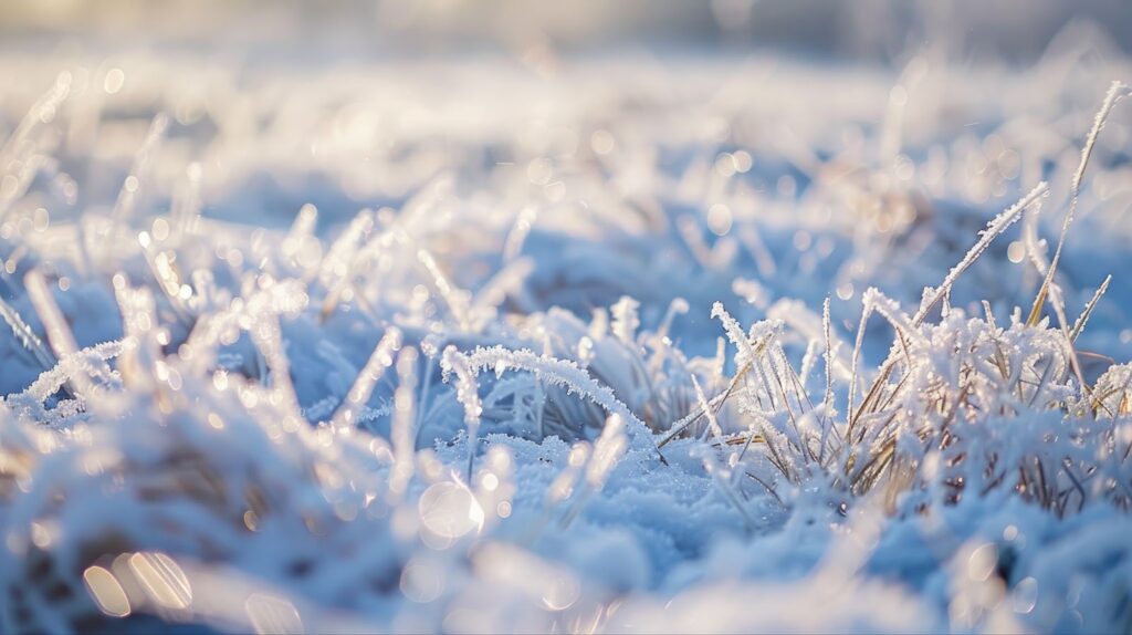 Frosty grass glistens in the morning light, showcasing the beauty of winter sod maintenance and care.