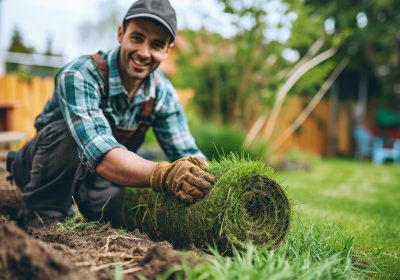 Roll of sod or turf, grass mat for lawn installation held by a landscaper with a garden background with copy space. Landscaping and gardening services, outdoor work concepts