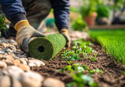 A man installs a roll of artificial grass from Monarch Sod into the ground, enhancing the landscape with synthetic turf.